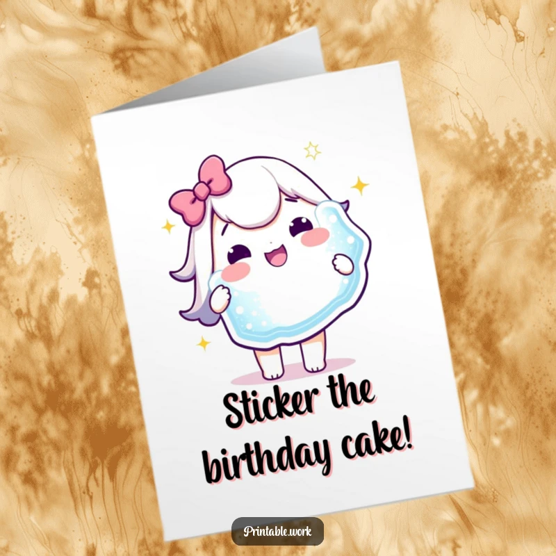 Funny Free Printable Birthday Card: A delighted Kawaii character gleefully holds a massive, shimmering sticker, celebrating a special occasion with joy.