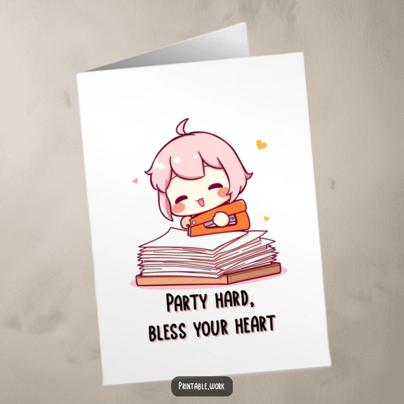 Funny Free Printable Birthday Card: Office Character comically battling a giant ream of paper with a tiny stapler, a great downloadable gift.