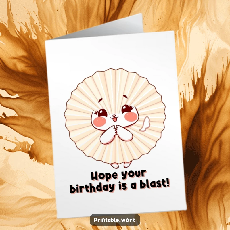 Funny free printable birthday card showing a rosy-cheeked paper fan character playfully fluttering with happy energy.