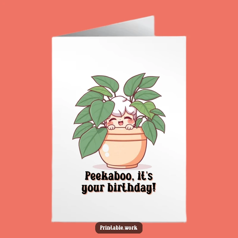 Free Printable Birthday Card: Playful Wink Behind Plant Surprise