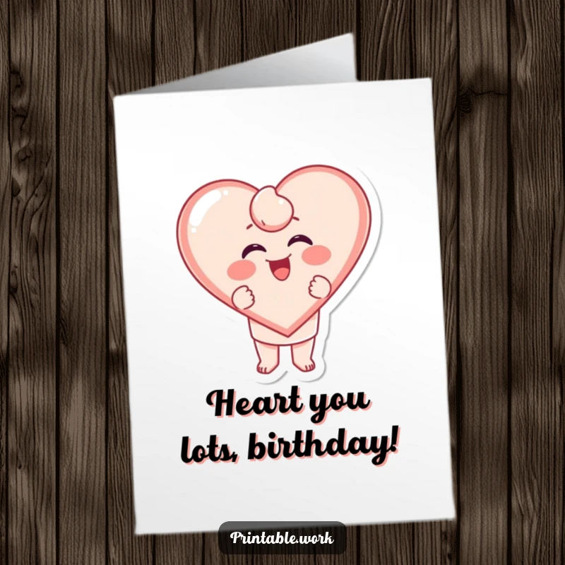 Funny Free Printable Birthday Card: Character excitedly stamping a large, giggling heart shape with pure joy and love.