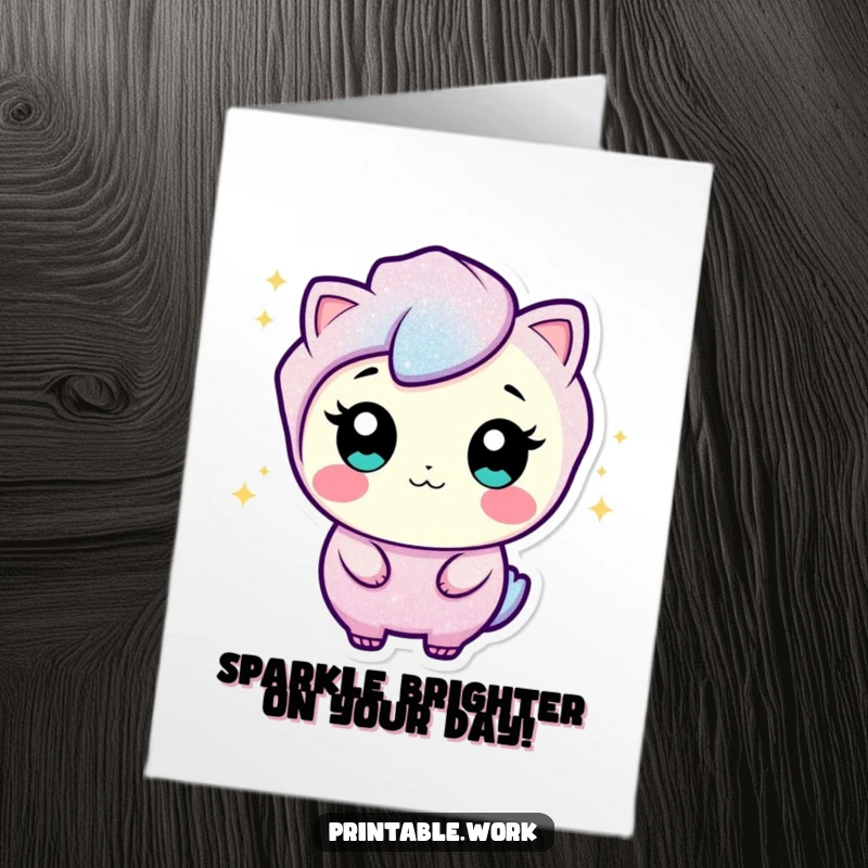 Funny Free Printable Birthday Card featuring a curious glitter character sparkling and wiggling with excitement for the celebration.