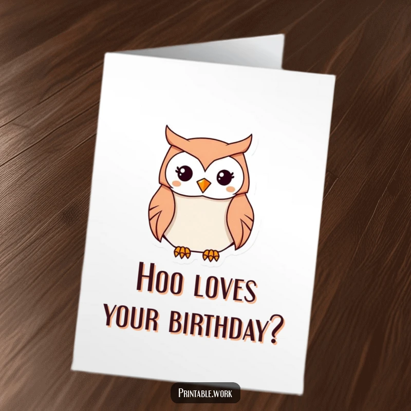 Funny Free Printable Birthday Card: Kawaii Owl meticulously folding origami, showing concentration. DIY humor.