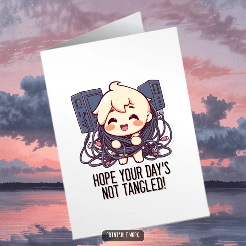 Funny Free Printable Birthday Card: Character tangled in computer cables, tech chaos humor