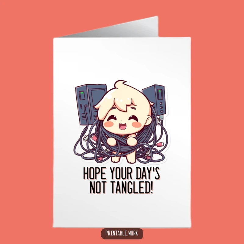 Free Printable Funny Birthday Card: Tangled Cables Chaos for Techie Greetings
