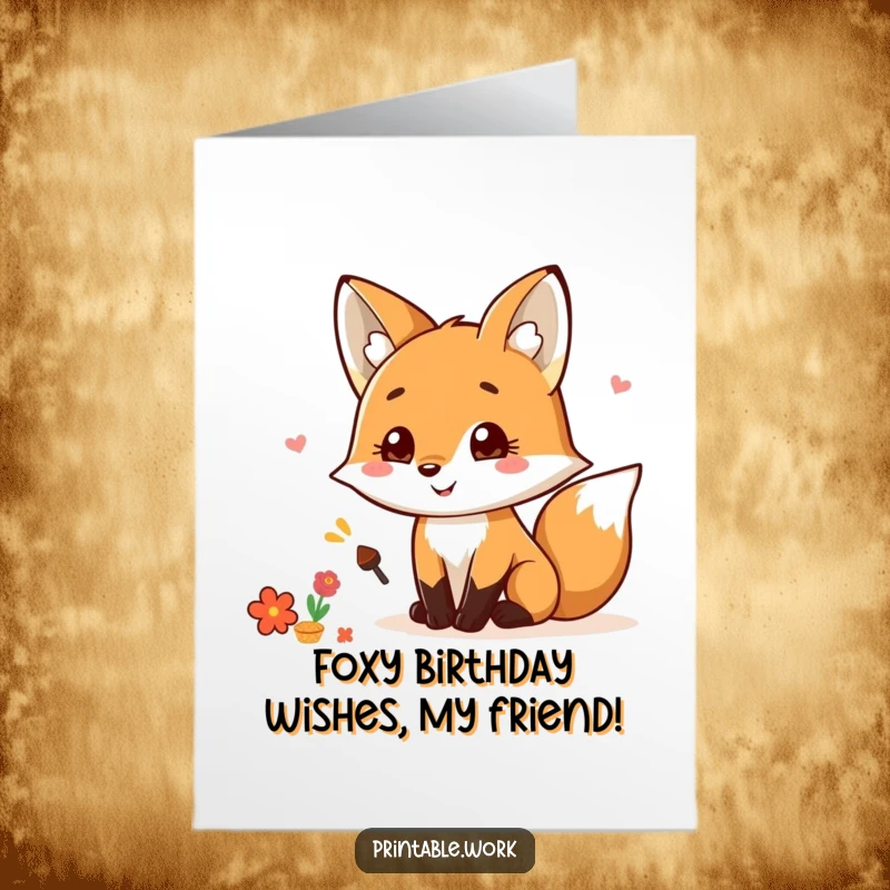 Funny Free Printable Birthday Card: Kawaii Fox happily scrapbooking, smiling, celebrating a special occasion. DIY humor.
