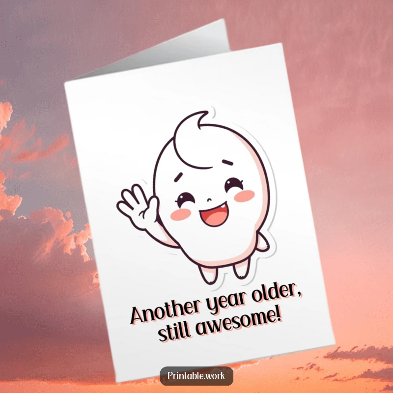 Funny Free Printable Happy Birthday card featuring a cute sticker character with a huge happy face waving enthusiastically, spreading joy.