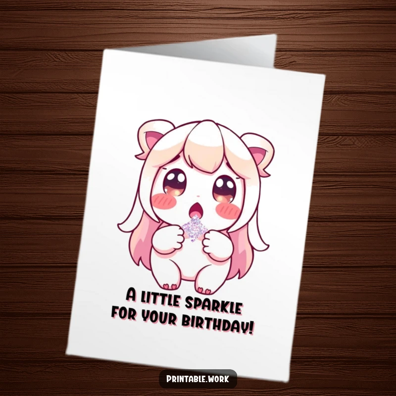 Funny Free Printable Birthday Card showing a character wide-eyed with surprise, holding a single, shimmering glitter flake, like finding magic.