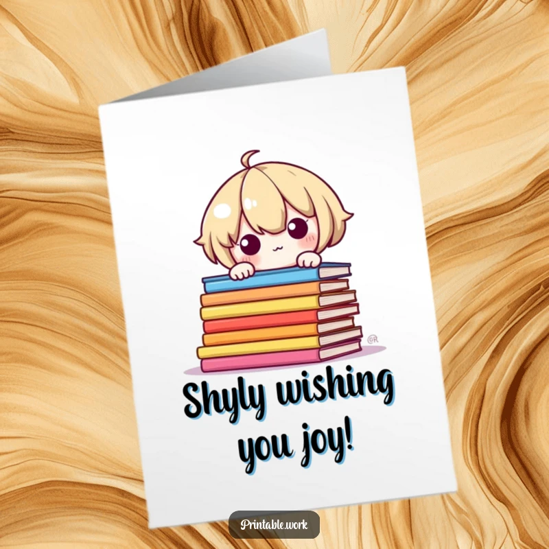 Funny Free Printable Birthday Card featuring a shy Kawaii character peeking from behind colorful stacked pages, full of personality.