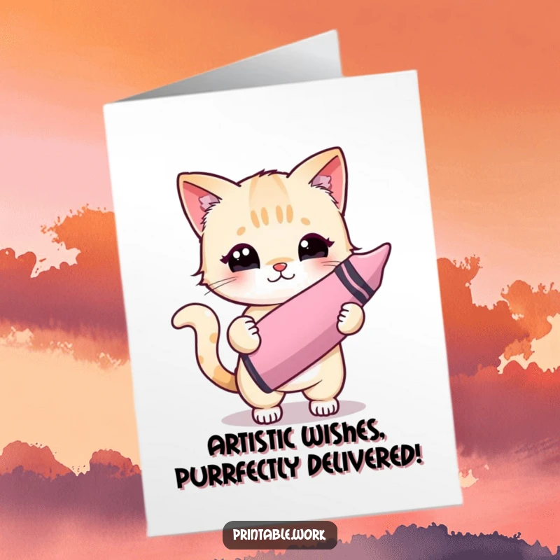 Funny Free Printable Birthday Card: Kawaii cat artist gleefully paints a vibrant masterpiece with a giant crayon, spreading artistic cheer.