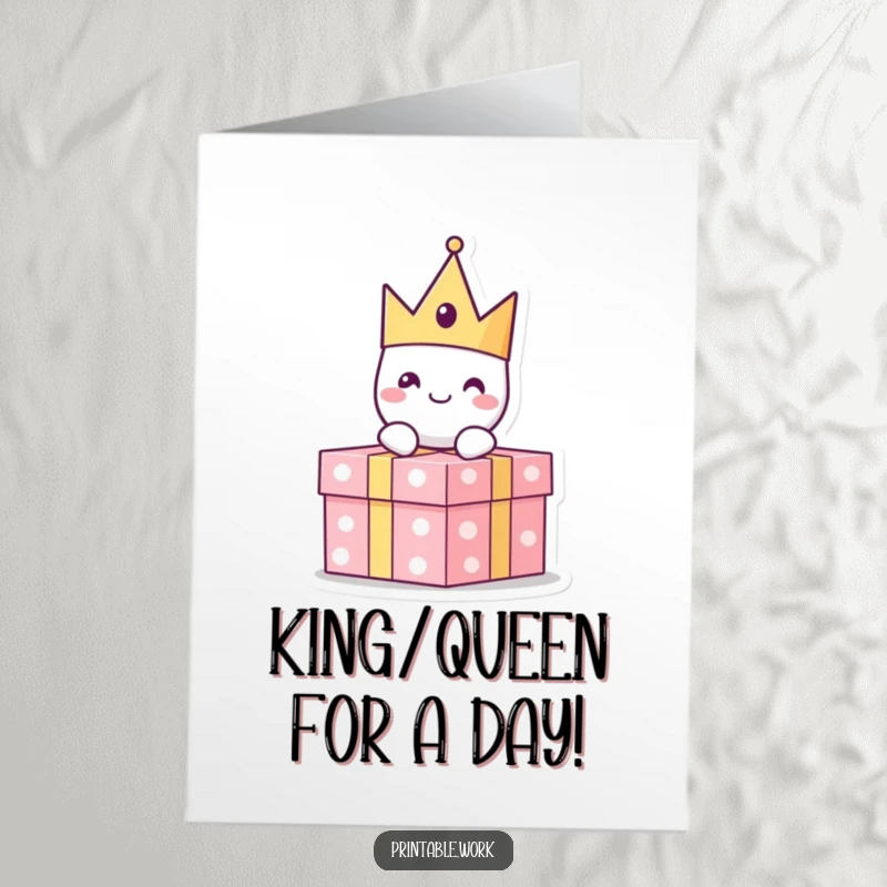 Funny Free Printable Birthday Card: A paper crown character with a big smile sits regally on top of a gift box.