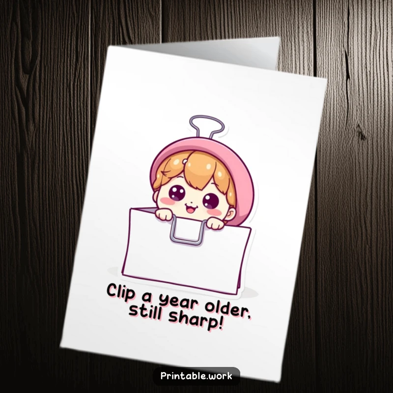 Funny Free Printable Birthday Card: Curious binder clip peeking from paper stack, ready to deliver birthday wishes with a chuckle.