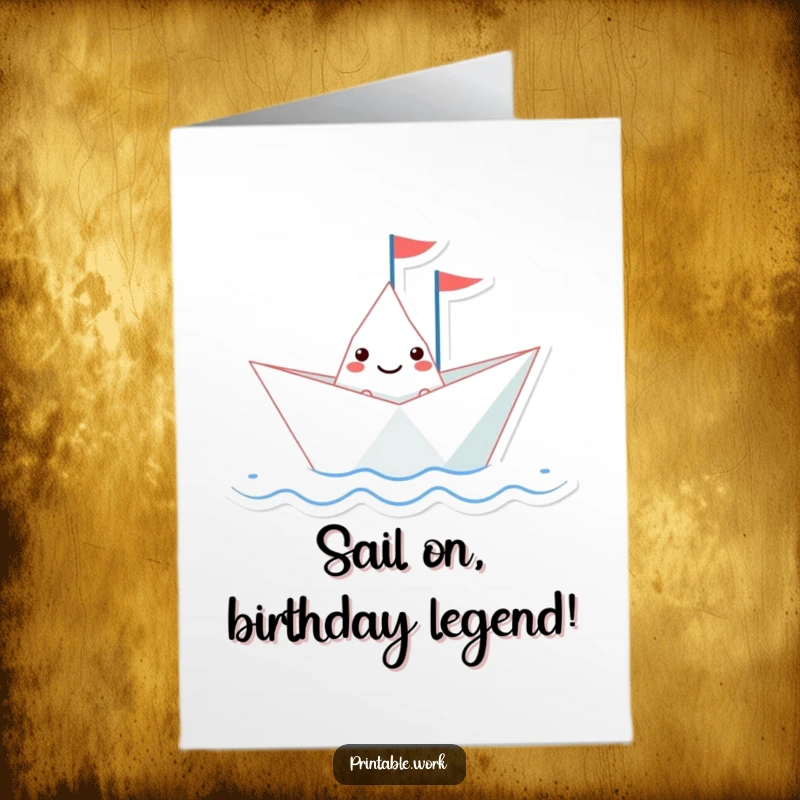 Funny Free Printable Birthday Card: A smiling paper boat with a tiny flag joyfully sails on a blue wavy line.