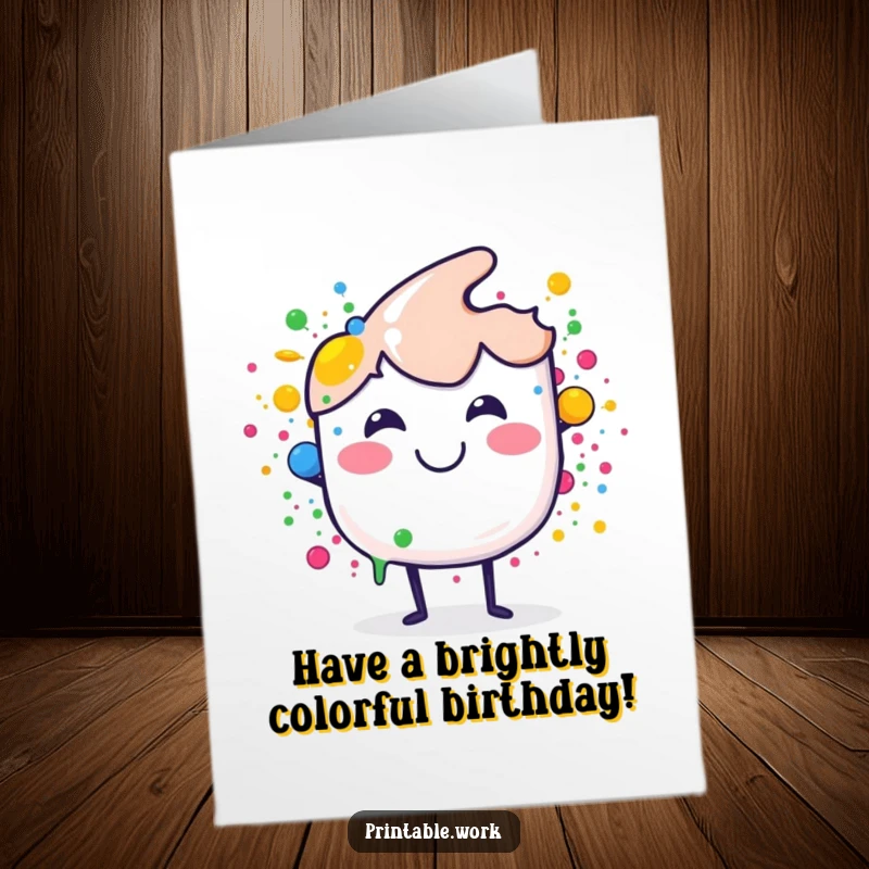 Funny Free Printable Birthday Card: Smiling paint brush character artfully splashing happy, colorful dots, wishing a vibrant birthday.