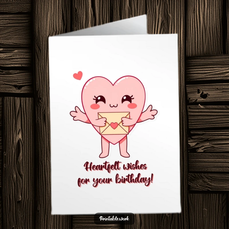 Funny free printable birthday card featuring a paper heart character with outstretched arms hugging a tiny envelope of love.