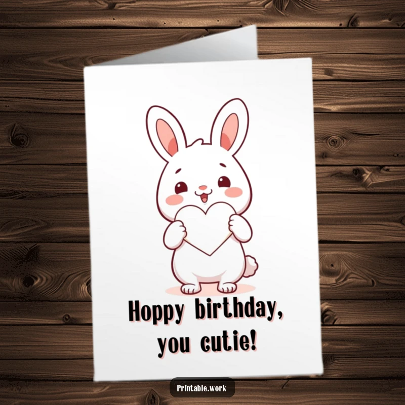 Funny Free Printable Birthday Card: A cheerful kawaii rabbit excitedly cuts out a large red heart shape with scissors, spreading birthday cheer.