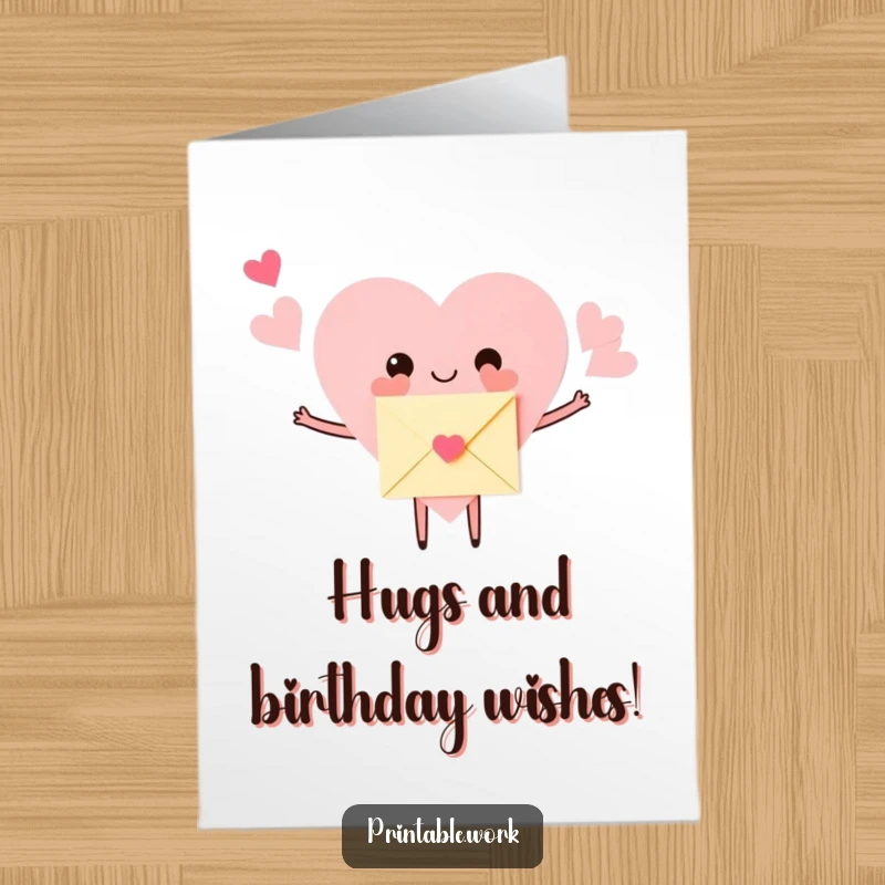 Funny Free Printable Birthday Card: A paper heart character with arms outstretched, tenderly hugging a small envelope, conveying love.
