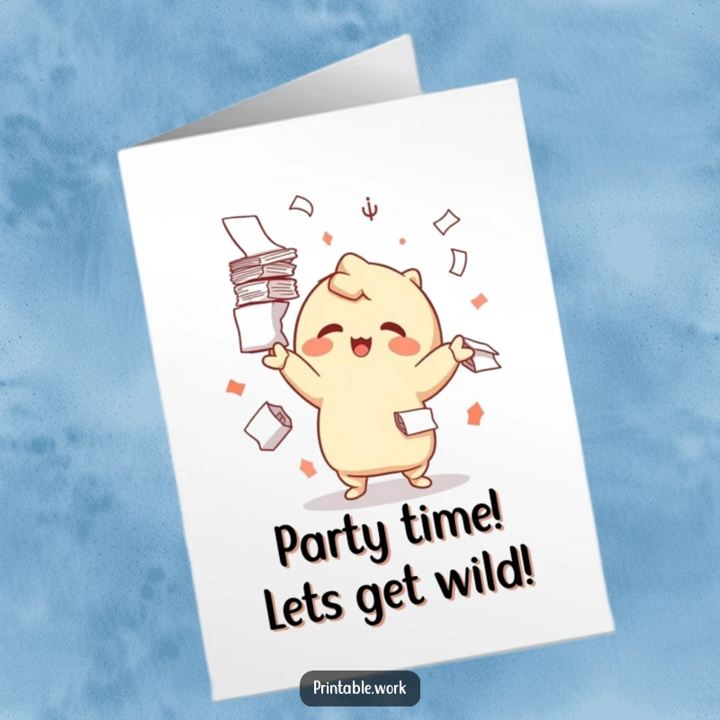 Funny Free Printable Birthday Card: A happy Kawaii character gleefully juggles tall stacks of paper, perfect for a busy bee's birthday.