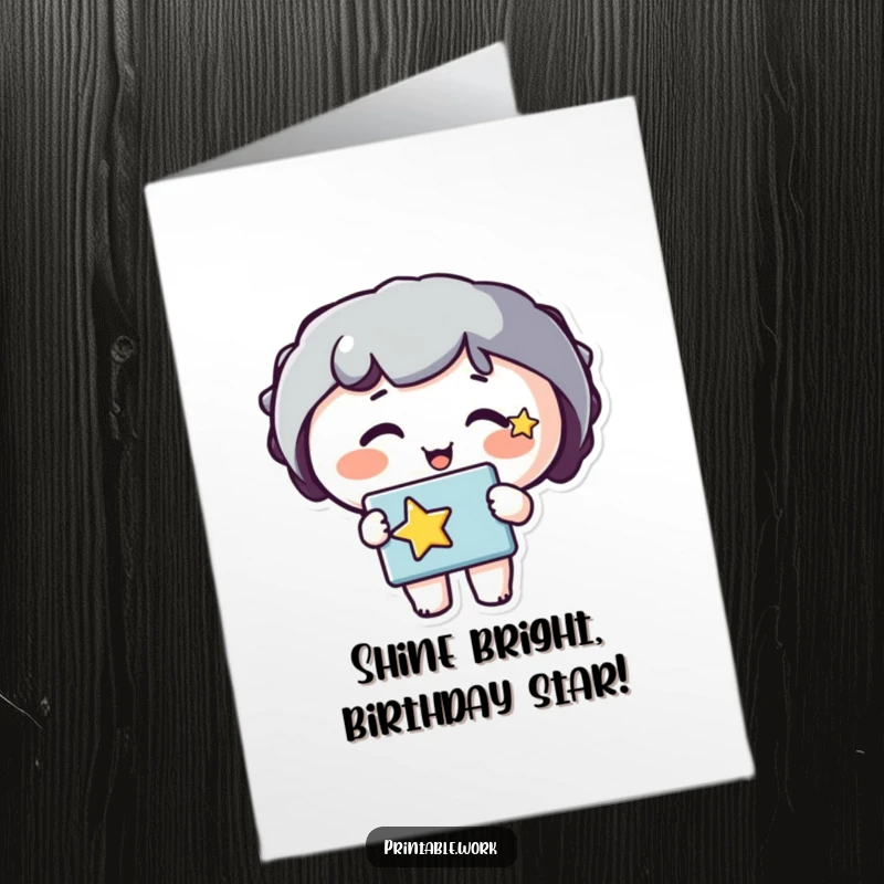 Funny Free Printable Birthday Card: Happy character with a star on cheek, holding a stencil, ready to create.