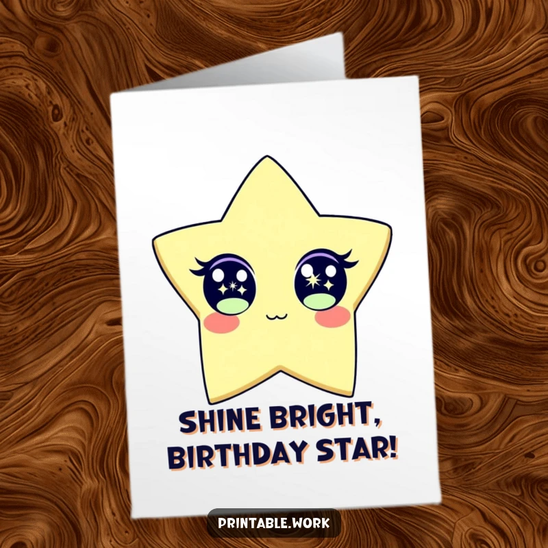 Funny Free Printable Birthday Card: Wide-eyed paper star character sparkling brightly with excitement, perfect for a downloadable gift.