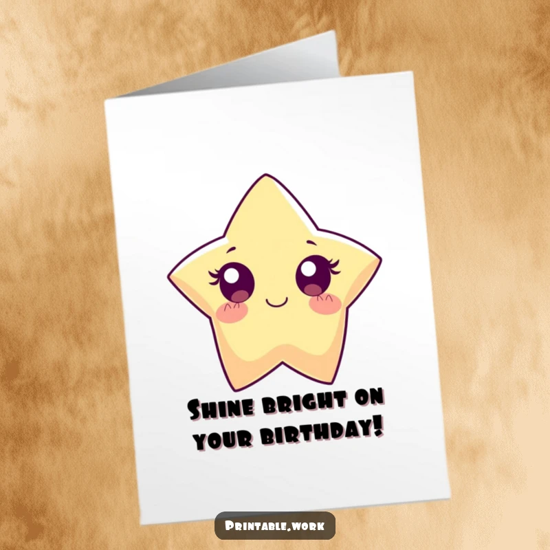 Funny free printable birthday card featuring a paper star character with wide eyes sparkling brightly with excitement.