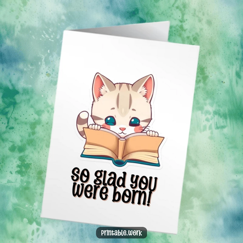 Funny Free Printable Birthday Card: Curious cat with glasses peeking at a tiny open book, ready to celebrate.