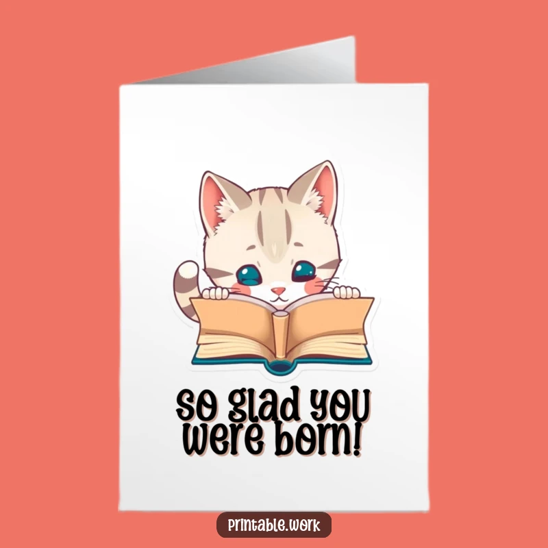 Free Printable Cat Birthday Card: Curious Kitty Book Lover Funny Downloadable Gift