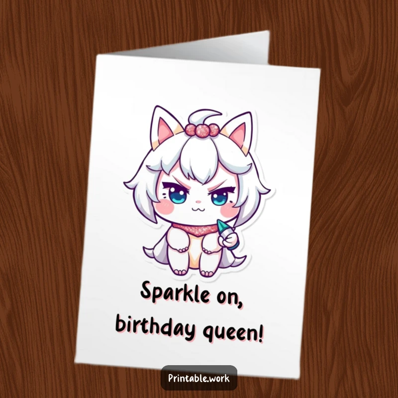 Funny free printable birthday card of a character with a mischievous wink, using a glitter pen to add sparkle and fun.