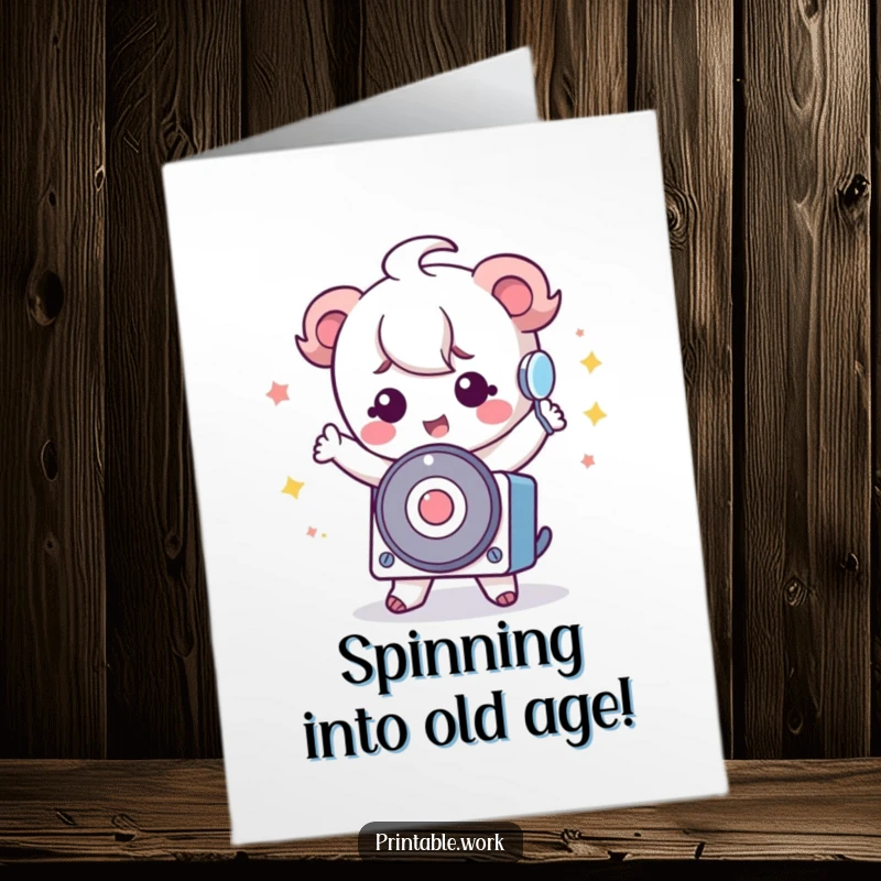 Funny Free Printable Birthday Card: Kawaii character doing a silly dance with a rolodex, a whirl of birthday fun.