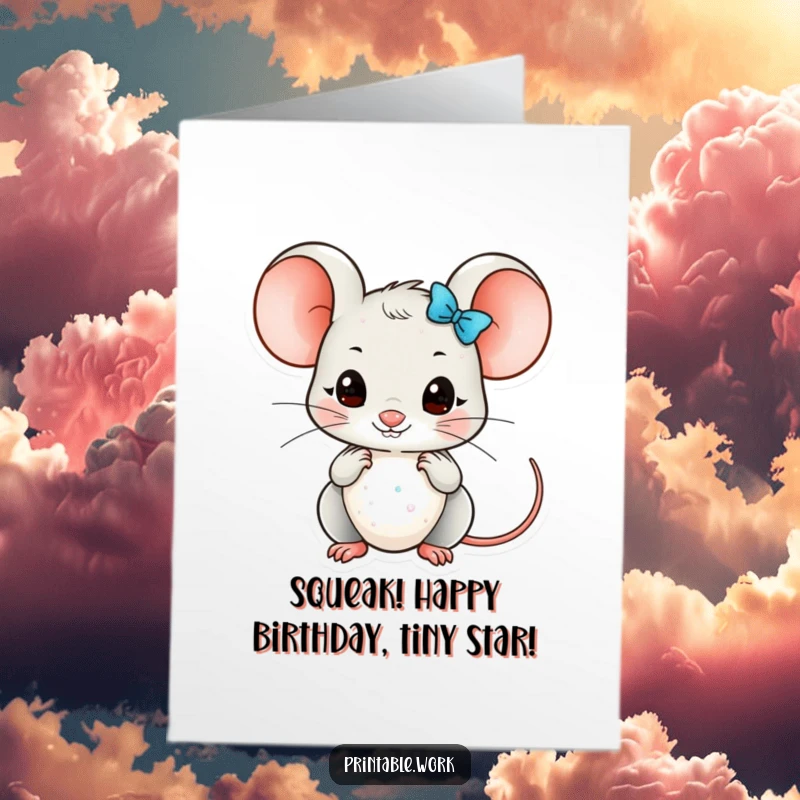 Funny Free Printable Birthday Card: A kawaii mouse carefully arranges small, glittery embellishments, adding sparkle to a birthday design.