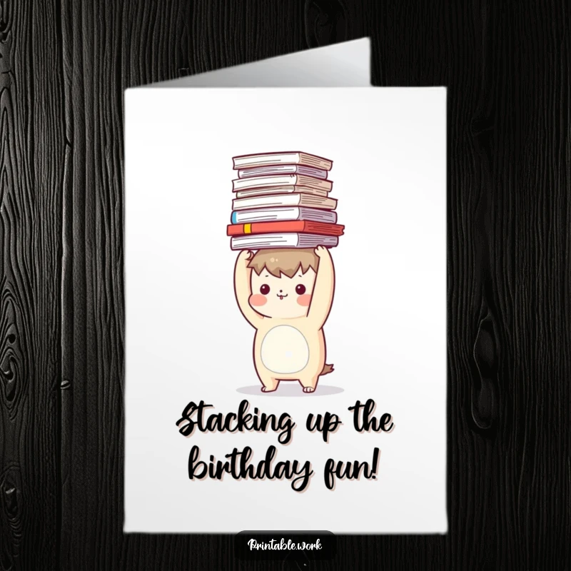 Funny free printable birthday card featuring a stressed character balancing a huge stack of documents precariously on their head.