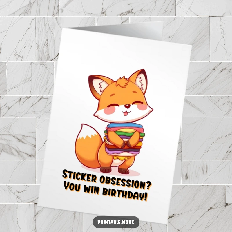 Funny Free Printable Birthday Card: Giggling fox precariously balancing a tall stack of colorful stickers, ready to burst.