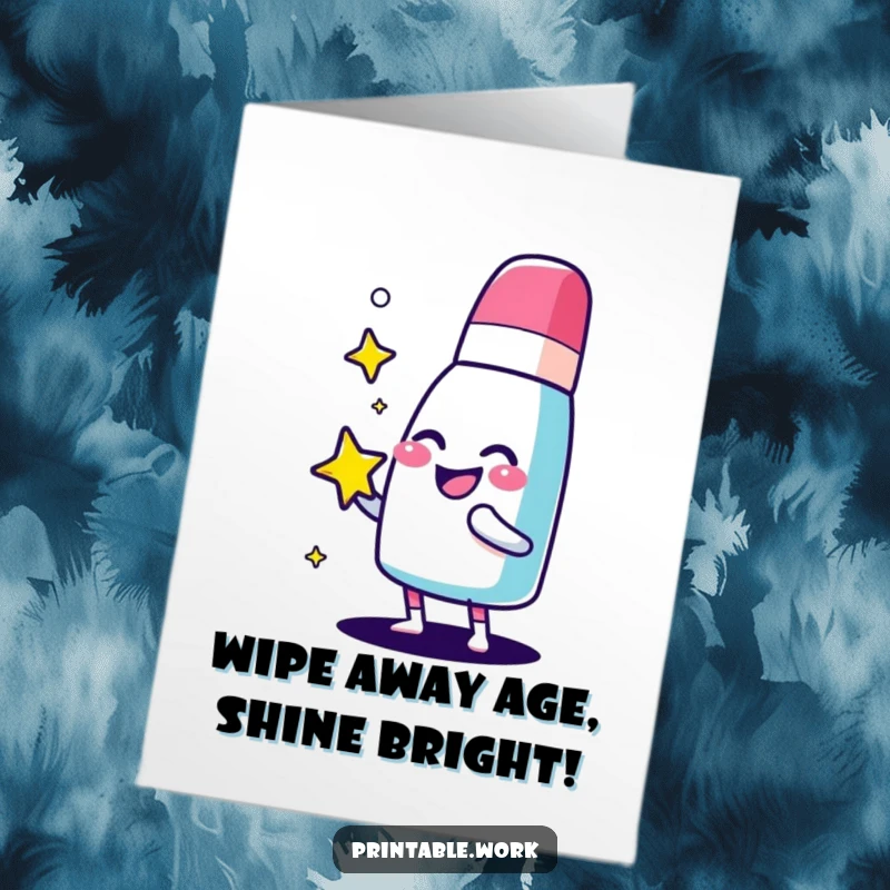 Funny Free Printable Birthday card with a giggling eraser character meticulously polishing a bright, sparkling star, celebrating excellence.