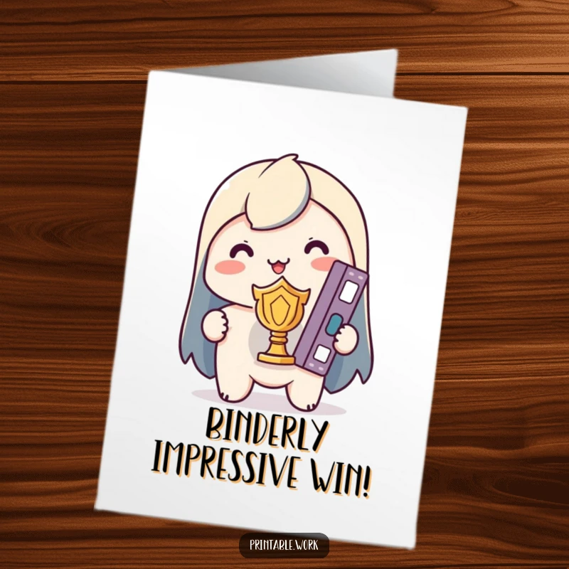 Funny Free Printable Congratulations Card: A beaming Kawaii character clutches a single, perfectly organized binder as a trophy, symbolizing ultimate accomplishment.