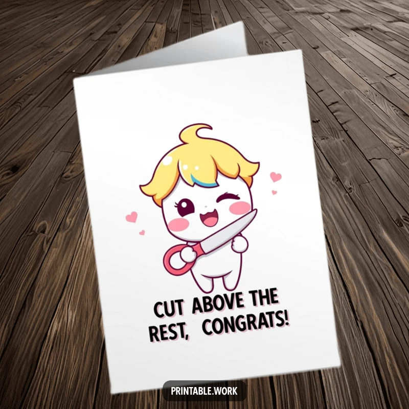 Funny Free Printable Congrats Card: Cheerful Kawaii character winking while holding scissors, celebrating a success with a playful flourish.