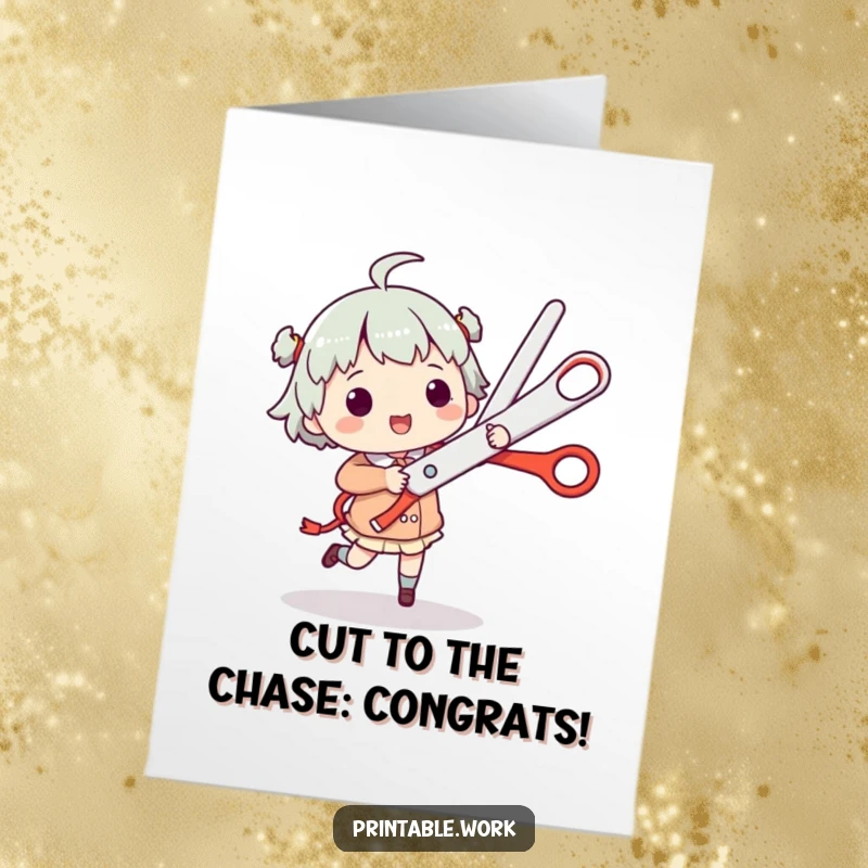 Funny free printable congratulations card showing a character doing a joyful jig while wielding massive scissors, celebrating a breakthrough.