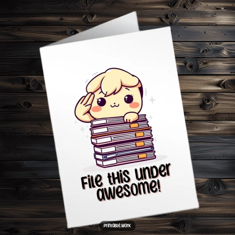 Funny Free Printable Congratulations Card: Kawaii office worker triumphantly salutes a towering stack of completed files, a true hero.