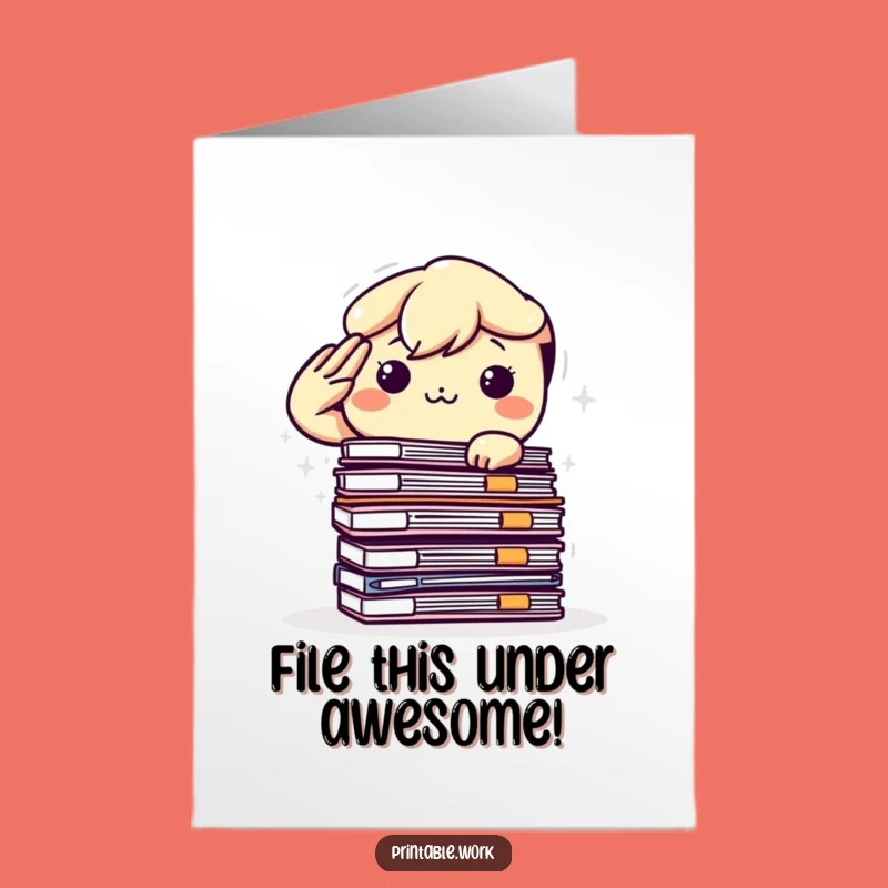 Free Printable Congrats Card: Kawaii File Saluter for Office Achievement Downloadable Gift