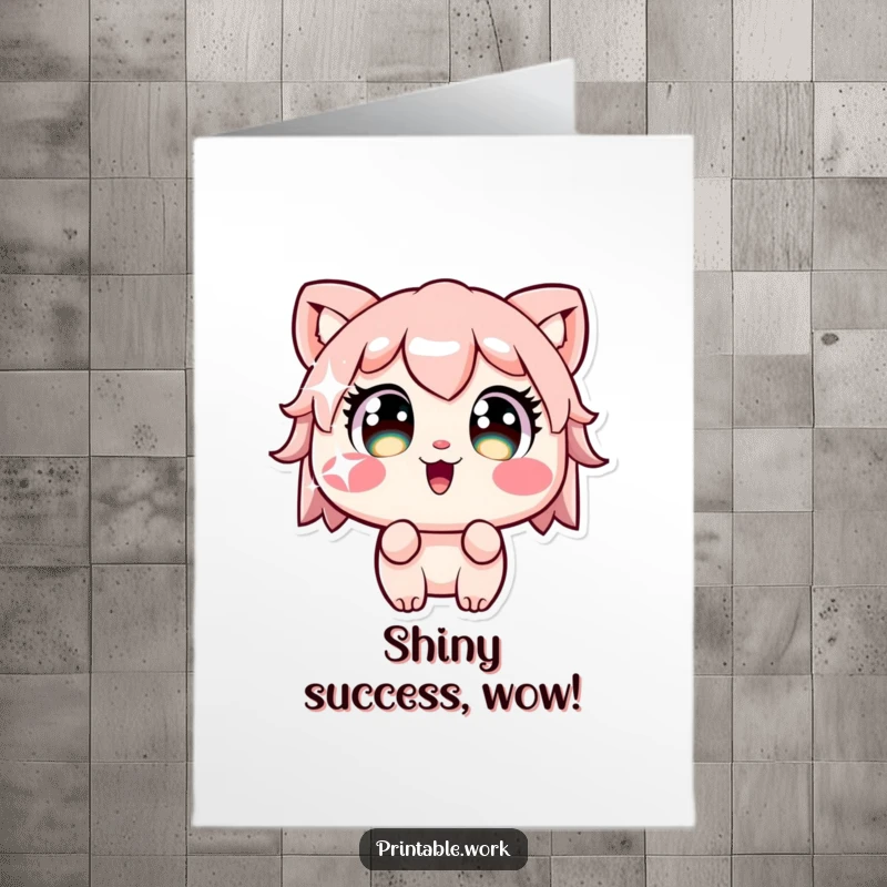 Funny Free Printable Congrats Card: Kawaii character with wide eyes, captivated by a dazzling sparkling sticker, celebrating a wonderful success.