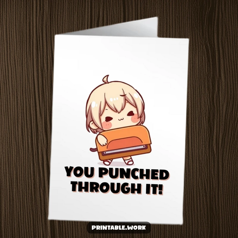 Funny Free Printable Congratulations Card: Person comically wrestling with a comically large hole punch, celebrating a win.