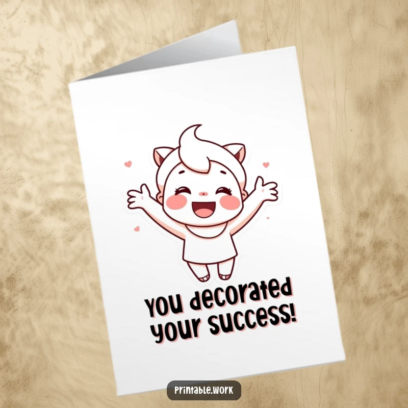 Funny Free Printable Congrats Card: A cute character gleefully decorates a congratulatory message.