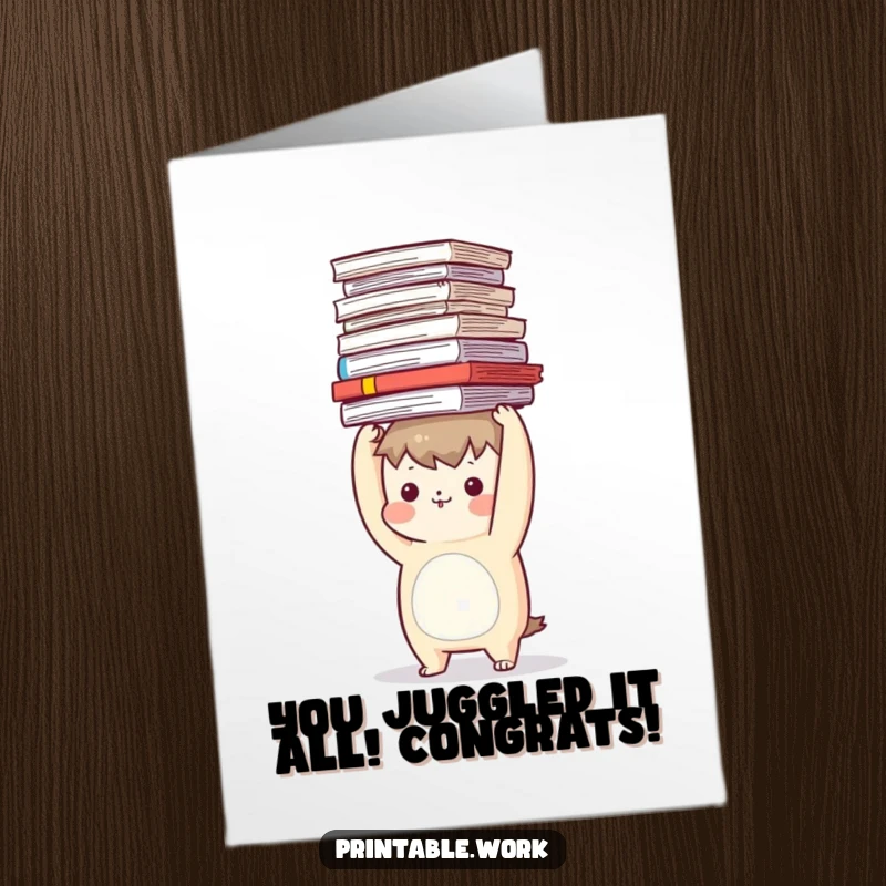 Funny free printable congratulations card showing a character struggling to balance a towering stack of documents, celebrating a win.