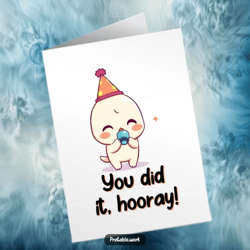 Funny Free Printable Congrats Card: Kawaii character in party hat, gleefully blowing a noisemaker to celebrate a fantastic achievement.