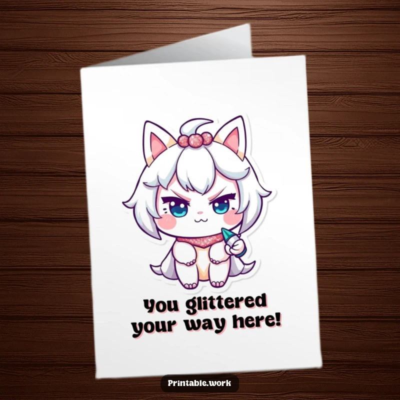 Free printable congratulations card showing a character with a mischievous wink, using a glitter pen to add a celebratory sparkle.