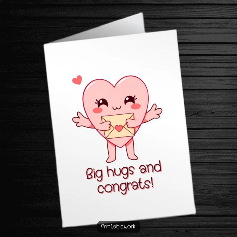 Funny free printable congratulations card showing a paper heart character with arms outstretched, hugging an envelope of good news.
