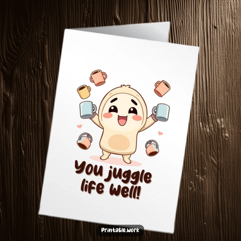 Funny Free Printable Congratulations Card showing a Kawaii character impressively juggling many coffee mugs, symbolizing a big win.