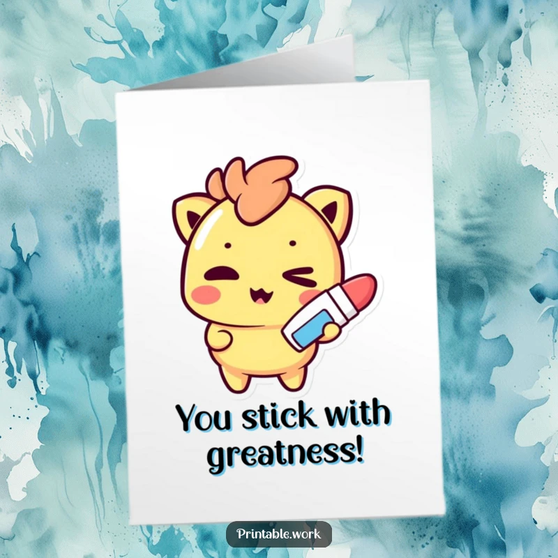 Funny Free Printable Congratulations Card: A mischievous Kawaii character winks slyly, holding a glue stick, celebrating a sticky situation of success.