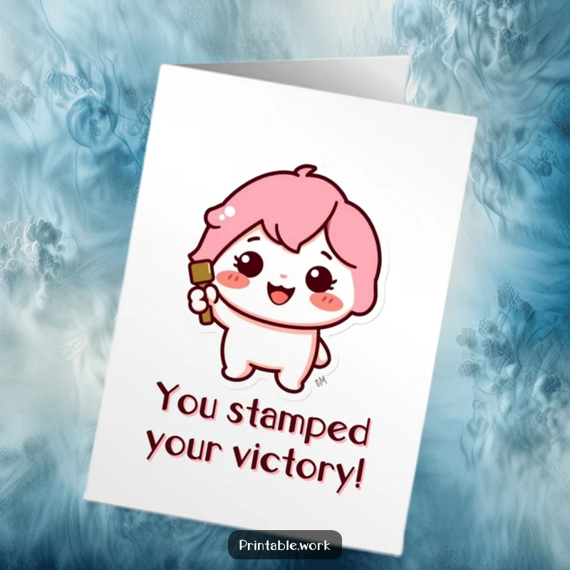 Funny Free Printable Congrats Card: A cheerful Kawaii character stamps a large, colorful icon of victory.