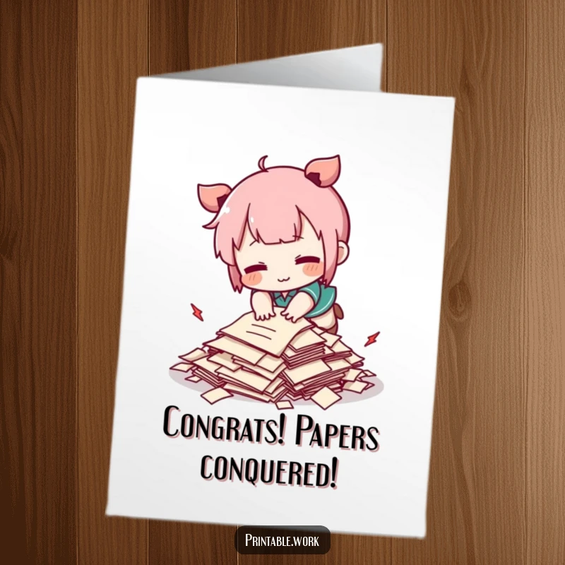 Funny Free Printable Congratulations Card: A Kawaii character comically trips over a tiny mess of papers, looking surprised and flustered.
