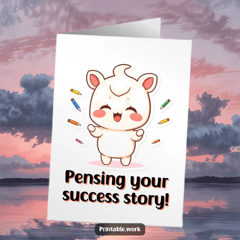Funny Free Printable Congratulations Card: A delighted Kawaii character juggles colorful pens with impressive dexterity, celebrating a successful endeavor.